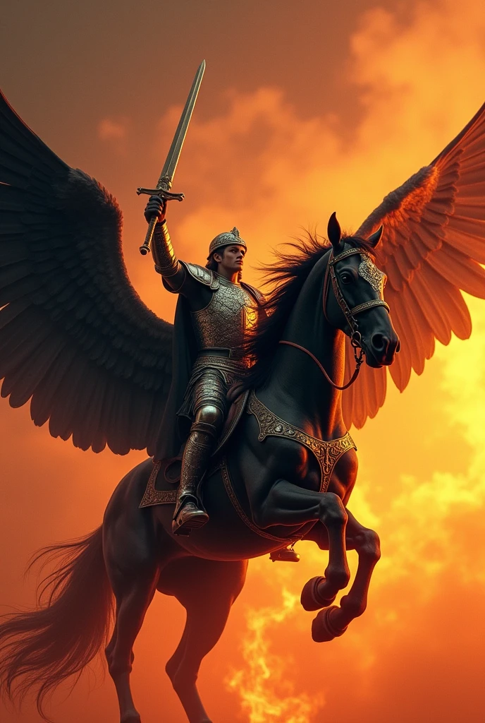 Create an epic image of a mythical el anima Pegasus with the background full of fire. The Pegasus must be black and on top of the Pegasus a rider with armor., And his sword pointing to the sky