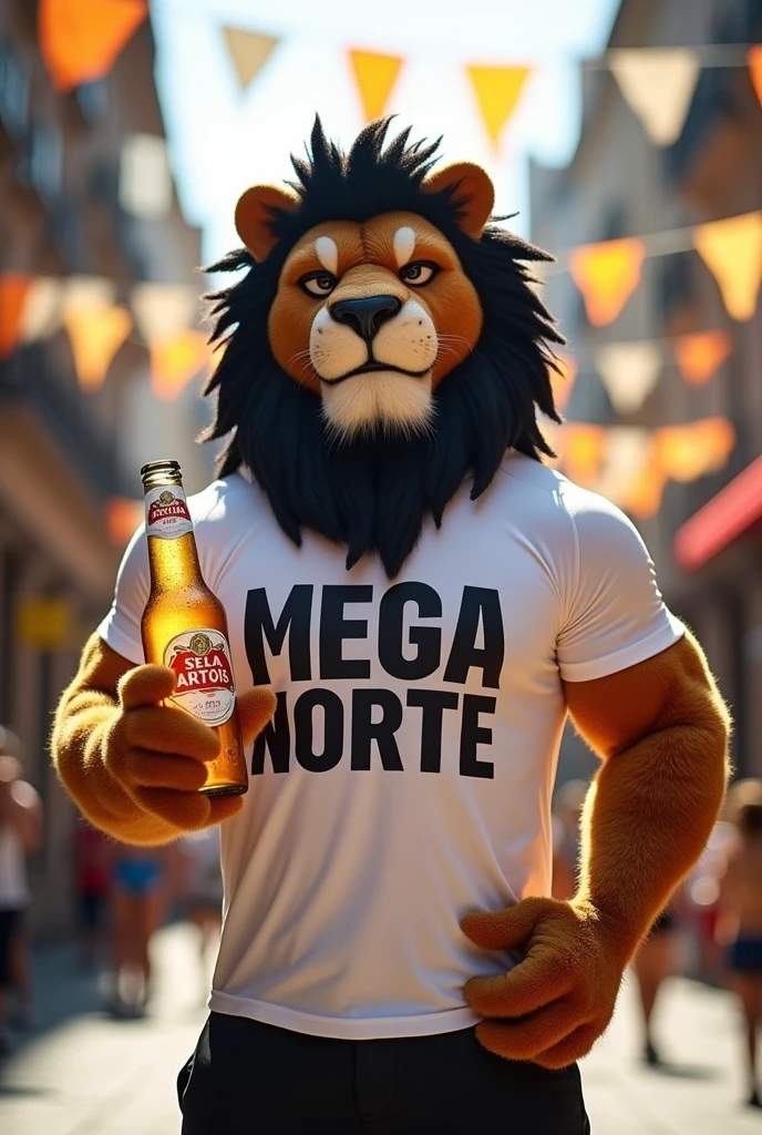Create a muscular lion mascot with a mean face, dark mane and white t-shirt with the words MEGA NORTE written on it and Stella Artois beer in hand