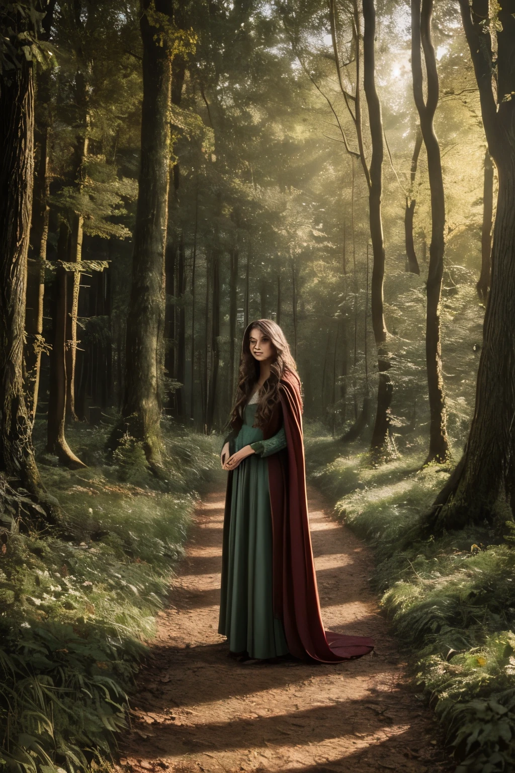 best quality,ultra-detailed,photorealistic,beautiful girl in a garden,traditional oil painting,red cape flowing in the wind,deep green grass and tall trees,sunlight filtering through the leaves,enchanted forest,detailed eyes and face,innocent expression,long wavy hair,basket filled with fruits and flowers,gentle smile,warm color palette,soft lighting, and big bad wolf hiding behind trees,mysterious atmosphere,storybook illustration,lush foliage,ethereal beauty,soft textures,dramatic shadows,fairy tale,adventure and danger,classic literature,magical encounter, exploring the unknown,curiosity,prominent eyes,portraits,mythical creature,suspenseful moment,exciting journey,innocence and bravery,contrast between light and dark,hidden dangers,whispering wind and rustling leaves,adding a touch of surrealism, path leading deeper into the forest,quiet and tranquil setting,enchanted garden,contrast between the girl's red cloak and the green surroundings,contrast between the girl's soft features and the wolf's fierce expression,captivating and compelling imagery.
