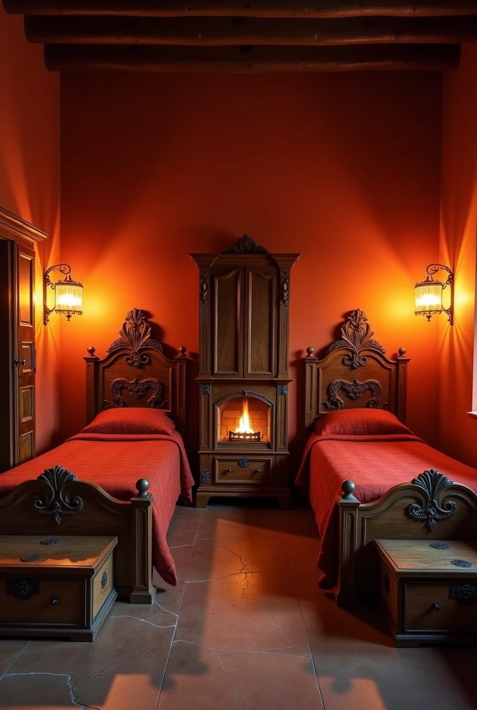 the large bedroom has 2 single beds, one on each wall, with good space between them. the walls have a slightly reddish color. Beds feature ornate headboards that often include details that evoke flames. each room is equipped with a smaller fireplace or heat source, providing a comfortable and welcoming environment. The decor is rustic, with furniture and accessories that complement the fire theme and create a comfortable space for residents. There is a wooden closet and rustic chests in front of the bed. the sheets and pillowcases are also reddish, and the room is lit by torches