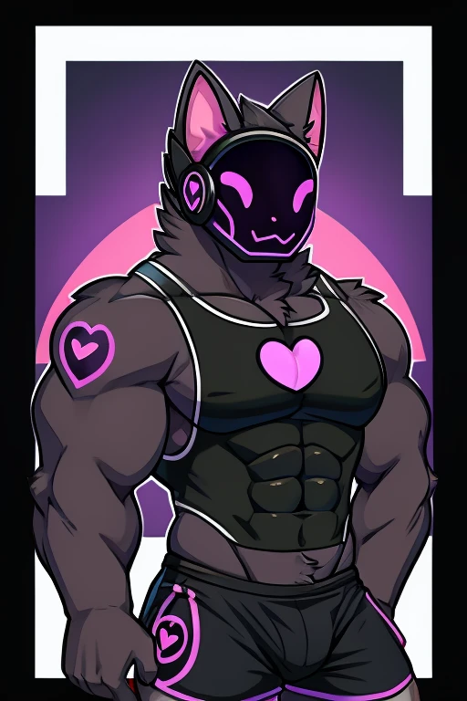 Big black cat , black robot helmet with a purple kawaii cat face, muscular, furry, black sleeveless shirt, Morados shorts, with heart stickers on the body 