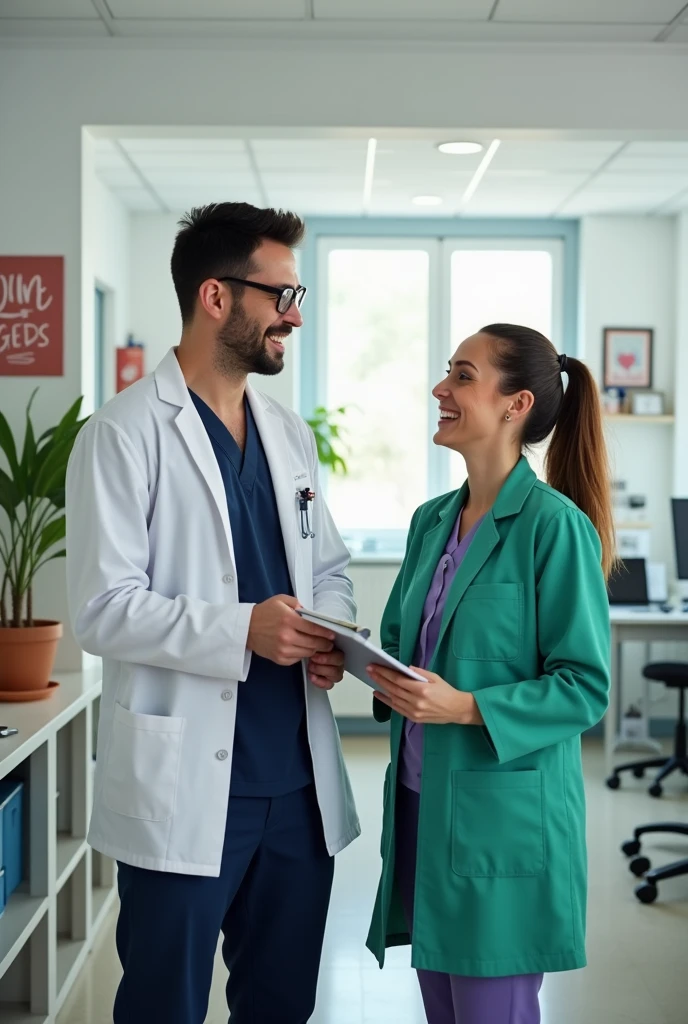 two health professionals in medicine (man and woman) chatting with a clinic background