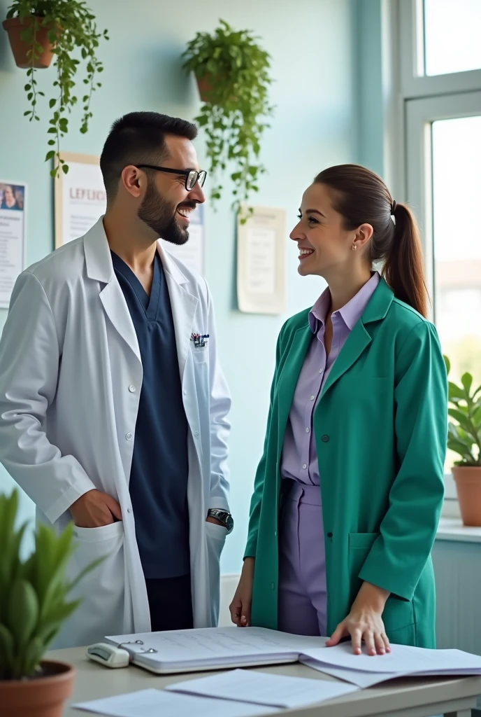 two health professionals in medicine (man and woman) chatting with a clinic background