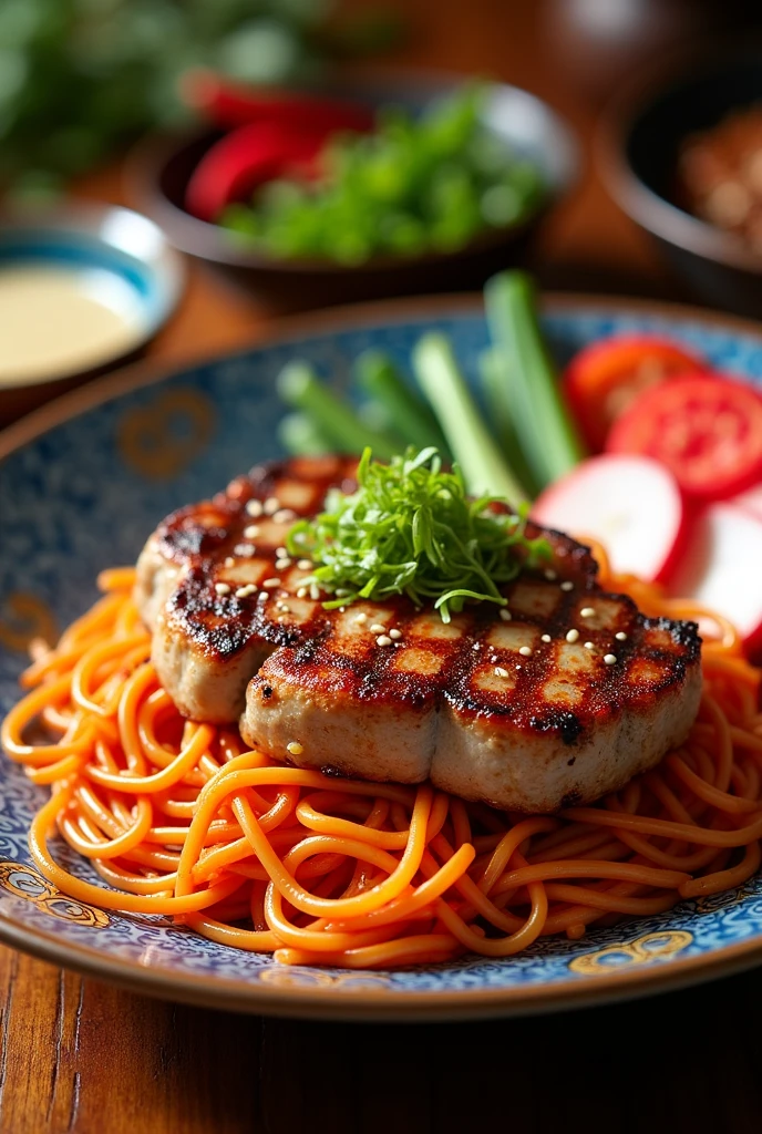 Create a red noodle lunch with pork chop