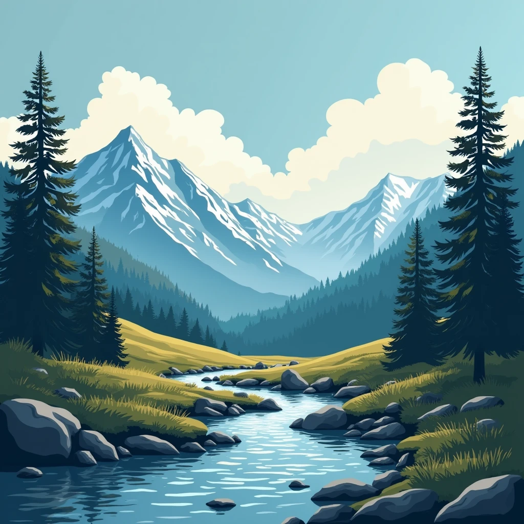 Landscape with mountains, stream, pine trees and clouds
