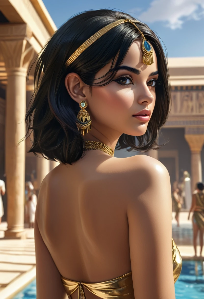 1girl, Egyptian princess, (masterpiece:1.3), (8k, photorealistic, RAW photo, best quality: 1.4), (1girl), beautiful face, (realistic face), (black hair, short hair:1.3), beautiful hairstyle, realistic eyes, beautiful detailed eyes, , cute, young, slim, gold jewelry, nude, shiny skin, princess's chambers, canopy, sky, pool, back view, looking back, closeup, from below, low angle, spread ass, naughty_face, blush, parted lips, half-closed_eyes, ExpressiveH