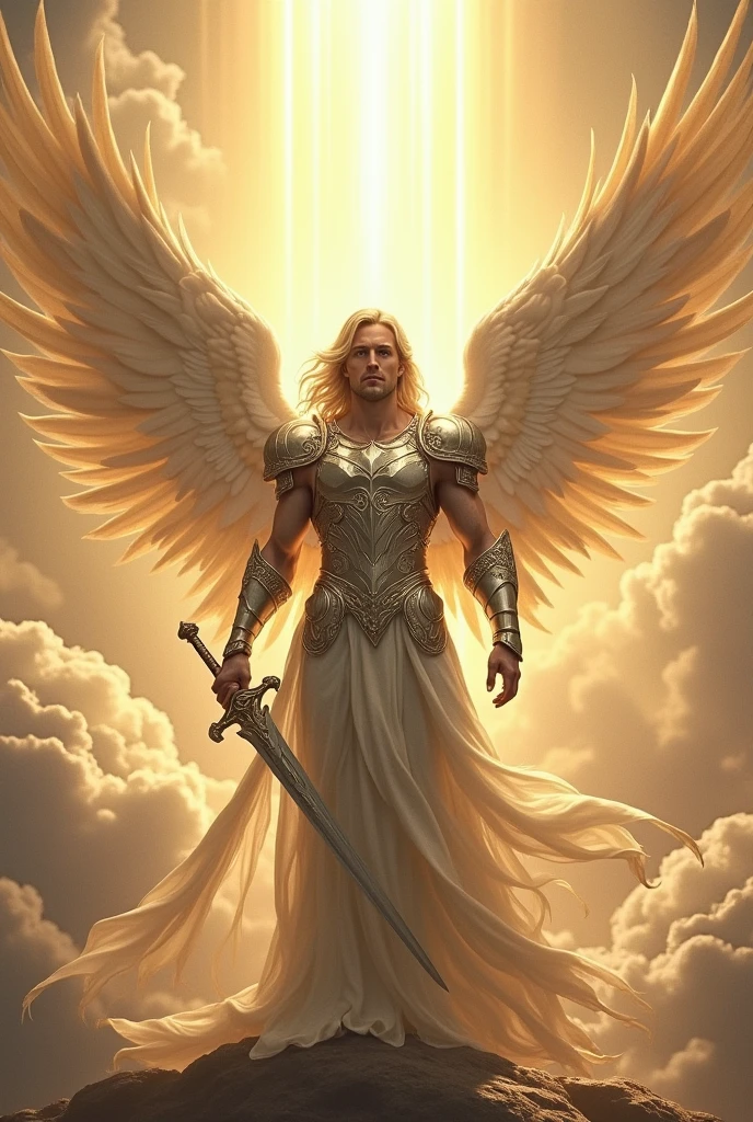 male archangel , blond , wearing armor , holding a longsword . 
