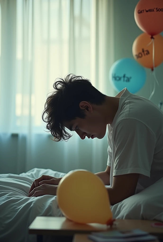 Young man, bowing, sad, hospital