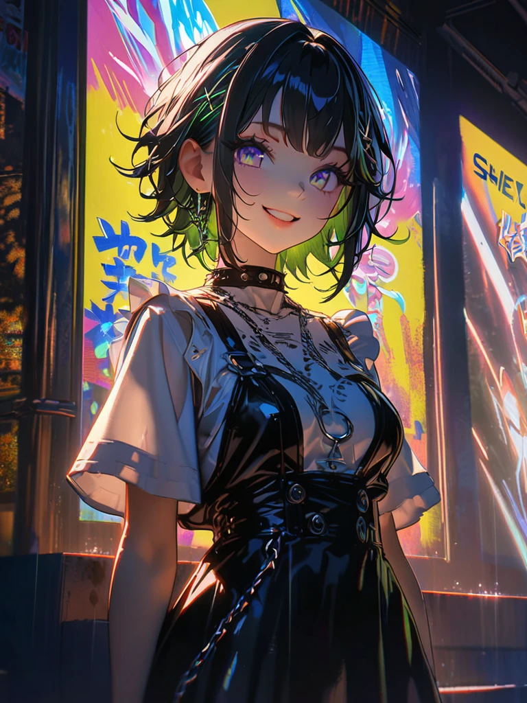 1 person, chromatic aberration, Written boundary depth, Soft Light, masterpiece, Highest quality, complicated, Tone Mapping, A place where fireworks are set off at festivals. Concept Art, Smooth, Clear focus, Dramatic lighting, Very cinematic, super practical painting, アートステーション's trending, 8k, Incredible Shadows, practical, whole body, View, Viewers, Portrait of a Girl 1, standing on street corner, Heavy rain and lightning、Dark Sky, neon and cyber punk background, she is dressed in punk clothing with silver chains and silver spikes, sheの髪は明るい茶色に染められていた.......................Ominous aura of light, smile, punk, ciber punk, Backlight.Fashionable clothes、Friendly dress code: she、sheは、sheはかわいい青いオープンバックのビキニとショートパンツを着ています.。.。...My breasts are a little big.sexy