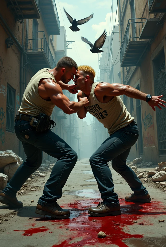 1 policeman with a never goon tanktop getting punched to blood and almost death by a Aryan Buff Chad with Blonde hair and blue eyes. POV of a bystander seeing it