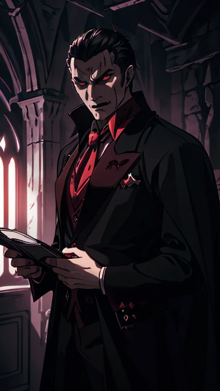 (1boy, Dracula), (extremely detailed CG unit 8k wallpaper),(master part), (best quality), (ultra detail), (best illustration),(wanostyle), cowboy shot, (Sharp eyeliner, ombre, detail eyes), dark dungeon interiors background, ,break , (vamptech), solo, man in suit,