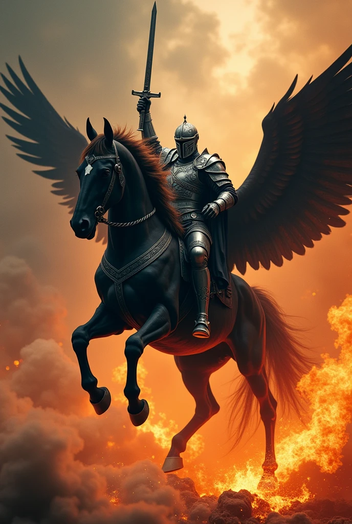 Create an epic image of the mythical creature Pegasus with a background filled with fire. Pegasus should be black and on top of Pegasus, a rider in armor., And his sword pointing to the sky