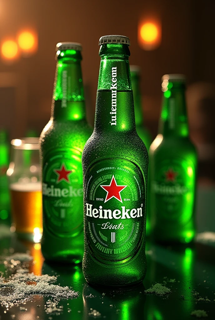 Create a logo with the name Luciano Tollini with Heineken beers around it