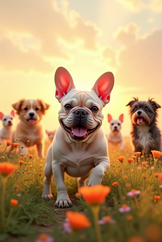 Could you illustrate it in an image?, A French Bulldog arriving in heaven which would be a field with flowers and a sunset, several dogs in the background.
He will be welcomed by a lhasa, She is a little smaller than him, slim, dark gray pulling towards black with some white hairs of old age, She will be looking at him. The French Bulldog is cream colored, quite chubby, with pink ears and is smiling and happy
I want the image with soft colors. May he show peace and happiness upon his arrival in heaven.