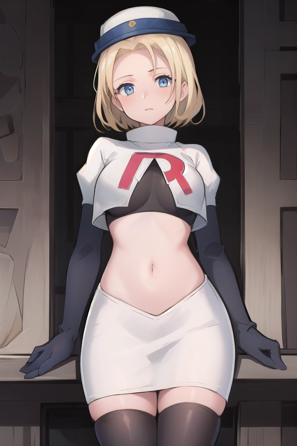 best quality, (masterpiece:1.2), illustration, absurdres, (1girl, solo, beautiful detailed girl),
 Theresia Caroline, short hair, blonde hair, blue eyes, medium breasts,
garrison cap, team rocket,team rocket uniform,white skirt,red letter R,crop top,black thigh-highs,black elbow gloves,
looking at viewer,