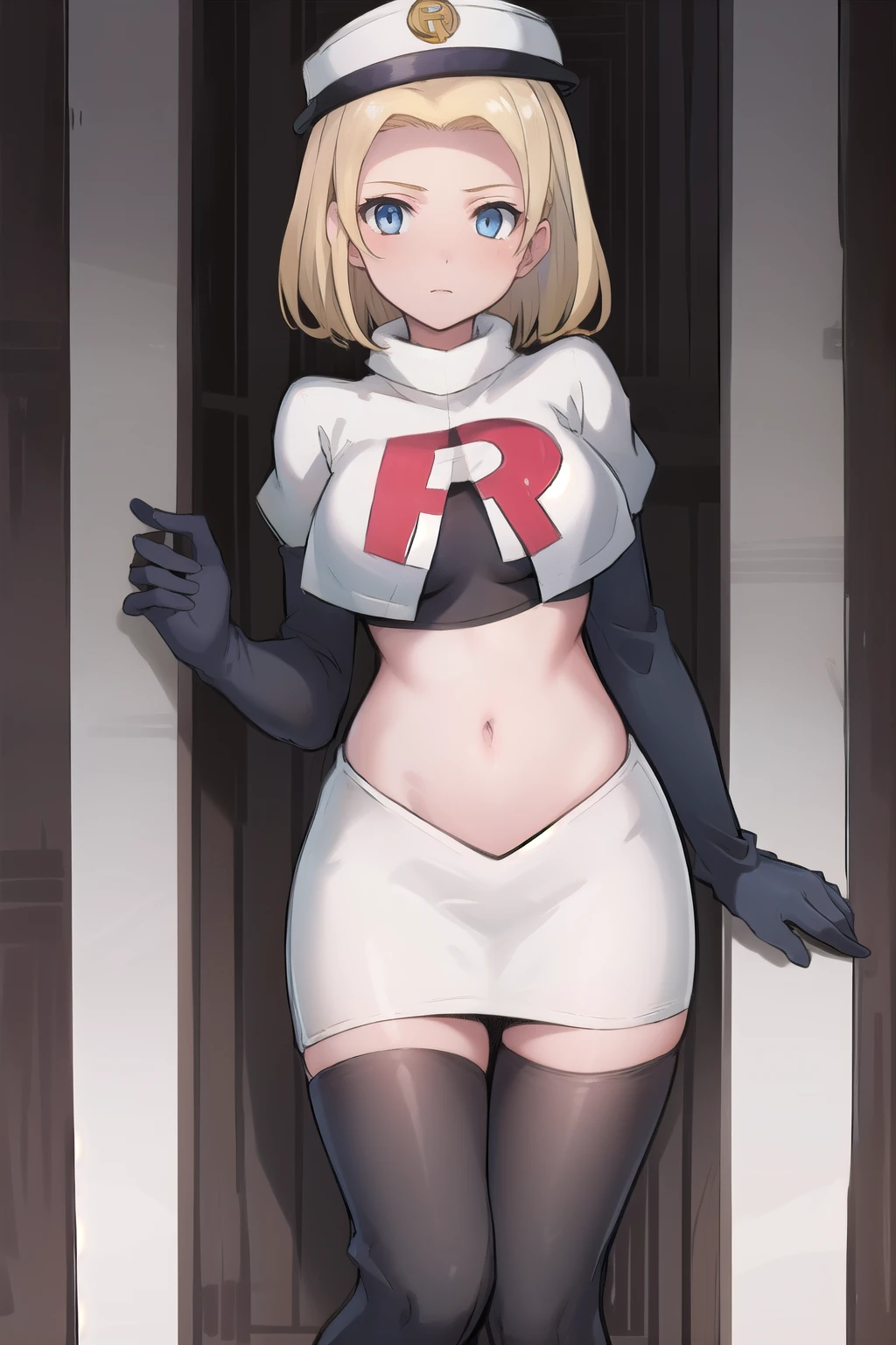 best quality, (masterpiece:1.2), illustration, absurdres, (1girl, solo, beautiful detailed girl),
 Theresia Caroline, short hair, blonde hair, blue eyes, medium breasts,
garrison cap, team rocket,team rocket uniform,white skirt,red letter R,crop top,black thigh-highs,black elbow gloves,
looking at viewer,