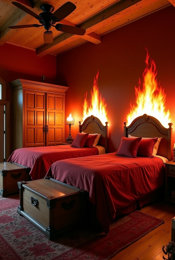 the large bedroom has 2 single beds, one on each wall, with good space between them. the walls have a slightly reddish color. Beds feature ornate headboards that often include details that evoke flames. each room is equipped with a smaller fireplace or heat source, providing a comfortable and welcoming environment. The decor is rustic, with furniture and accessories that complement the fire theme and create a comfortable space for residents. There is a wooden closet and rustic chests in front of the bed. the sheets and pillowcases are also reddish, and the room is lit by torches