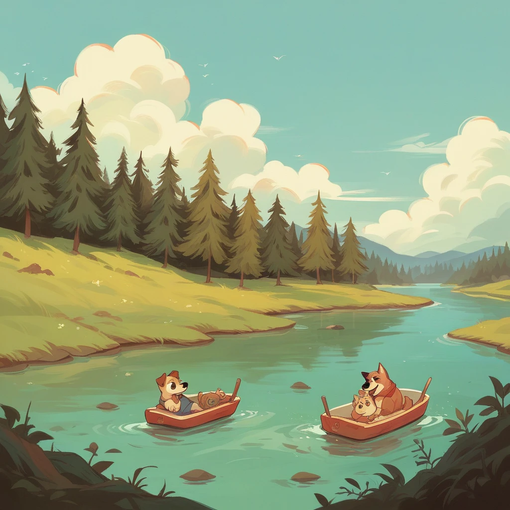 Photograph of campers, fun family camping scenes, ??? and dog playing, creek, birches, blue sky,