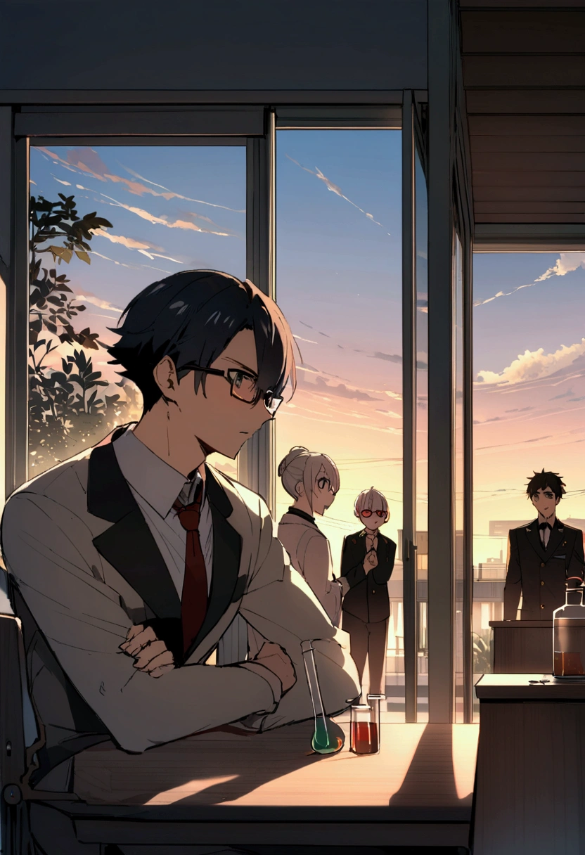 anime characters,Anime handsome,juvenile,Glasses,Science,Cold,High school boy,science,indifferent,Black students,Science教室,Classroom at dusk,science研究器材,Microscope,test tube,Flask