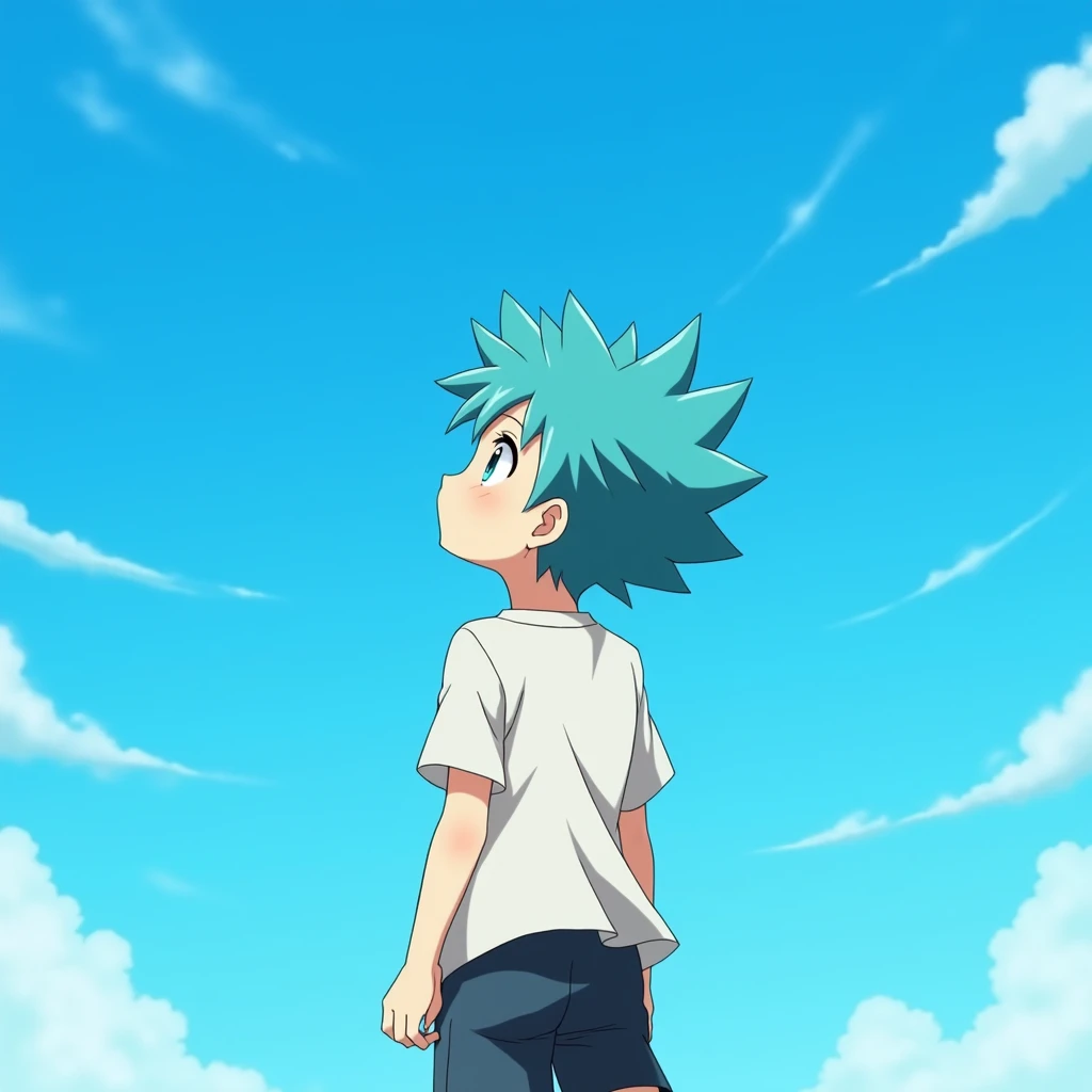 anime boy looking into the sky, anime style, camera from behind, solid colour background