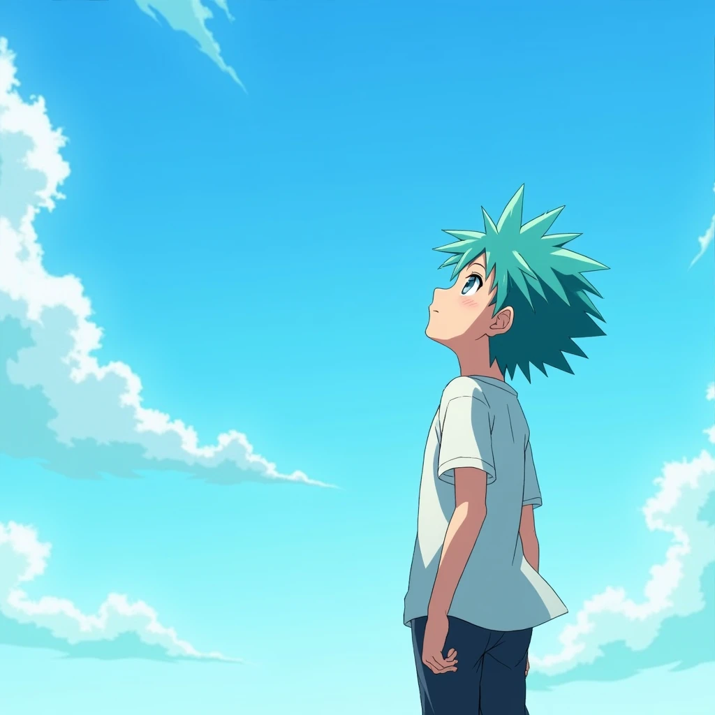 anime boy looking into the sky, anime style, camera from behind, solid colour background