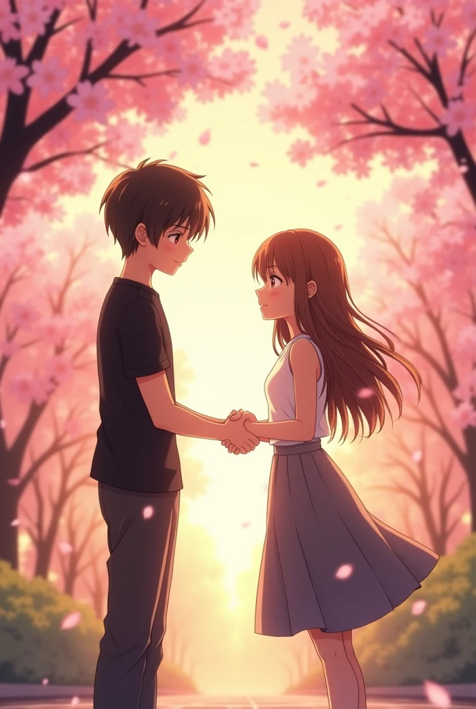 A heartwarming anime-style scene featuring a young boy 27 year and girl 22 year standing under blooming cherry blossom trees at sunset. The boy has black tshirt short black hair and wears a light-colored shirt and dark pants, while the girl has long, flowing brown hair and wears a white sleeveless top with a gray skirt. They face each other sad,love,missing with gentle expressions, bathed in the warm, golden light of the setting sun. Pink cherry blossom petals float softly around them, creating a serene and romantic atmosphere. A boy try to love touch and his hand forward to girl handshake or touch this girl, but girl dont want hand shake touch this and she ignore boy
 "