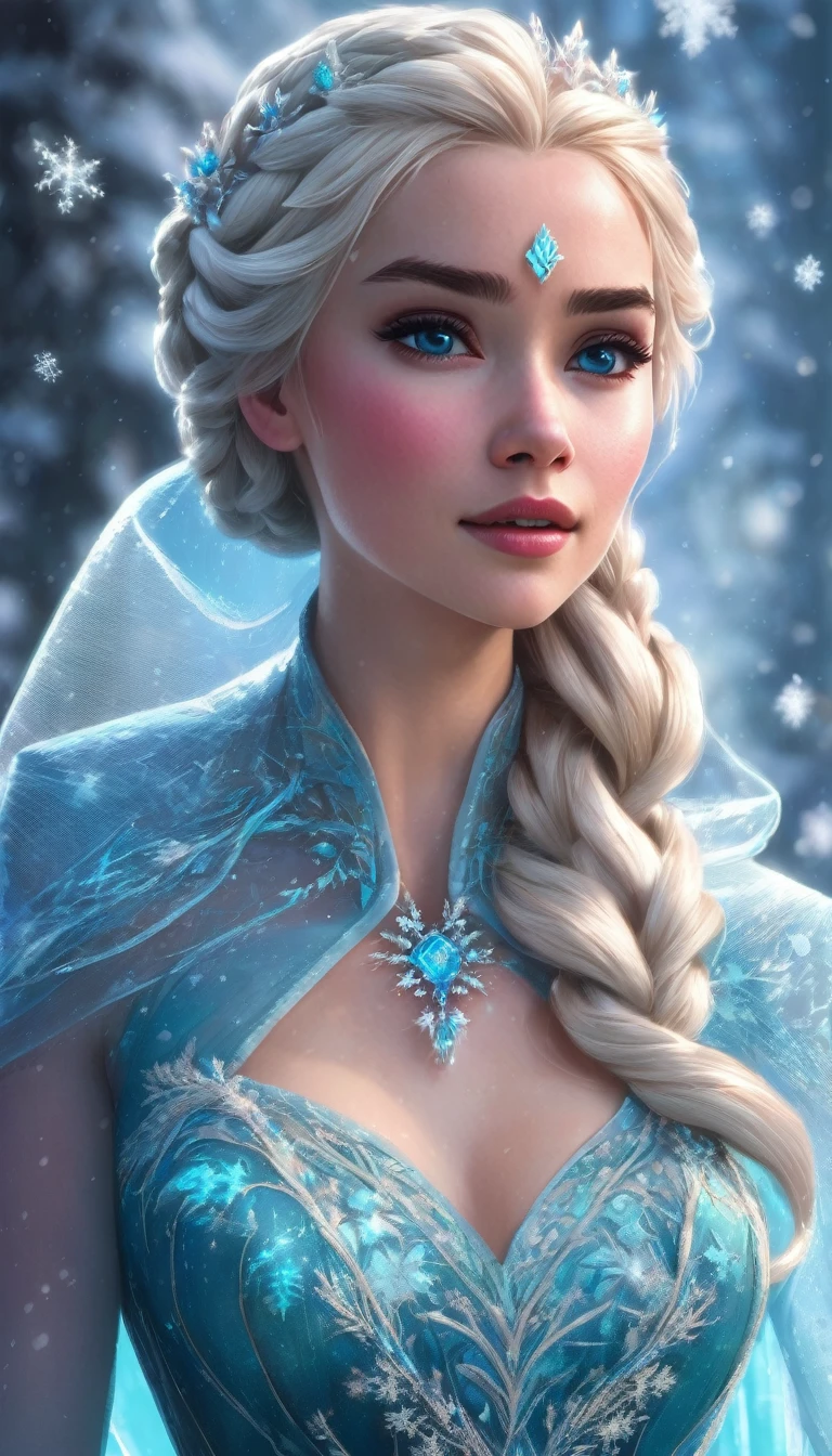 A close-up of a woman in a dress with a long skirt, Concept art by Ross Tran, CGSOCIETY contest winner, Fantasy Art, beautiful elsa, elsa the frozen, frozen elsa, elsa, portrait of elsa of arendelle, portrait of elsa the frozen, ice queen, frozen like a statue, Beautiful full body concept art., ((a beautiful fantasy empress))