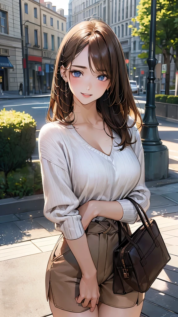 (masterpiece:1.2, top-quality), (realistic, photorealistic:1.4), beautiful illustration, (natural side lighting, movie lighting), depth of fields, (photograph),
beautiful detailed hair, beautiful detailed face, beautiful detailed eyes, beautiful clavicle, beautiful body, beautiful chest, beautiful thigh, beautiful legs, beautiful fingers,
looking at viewer, 1 girl, 19 years old, (perfect anatomy, anatomically correct, super detailed skin), perfect face, parfect eyes, cute and symmetrical face, babyface,
(middle hair, straight hair, sideburns:1.6, light brown hair), swept bangs, blue eyes, slant eyes, big eyes, long eye lasher, (medium breasts, seductive thighs), slender, white skin, shiny skin,
(middle sleeve white sweater, light brown tailored shorts), brown bag,
(beautiful scenery), evening, (entranceway:1.2,), standing hands between legs, leaning forward, holding bag, (lovery smile, upper eyes, parted lips),