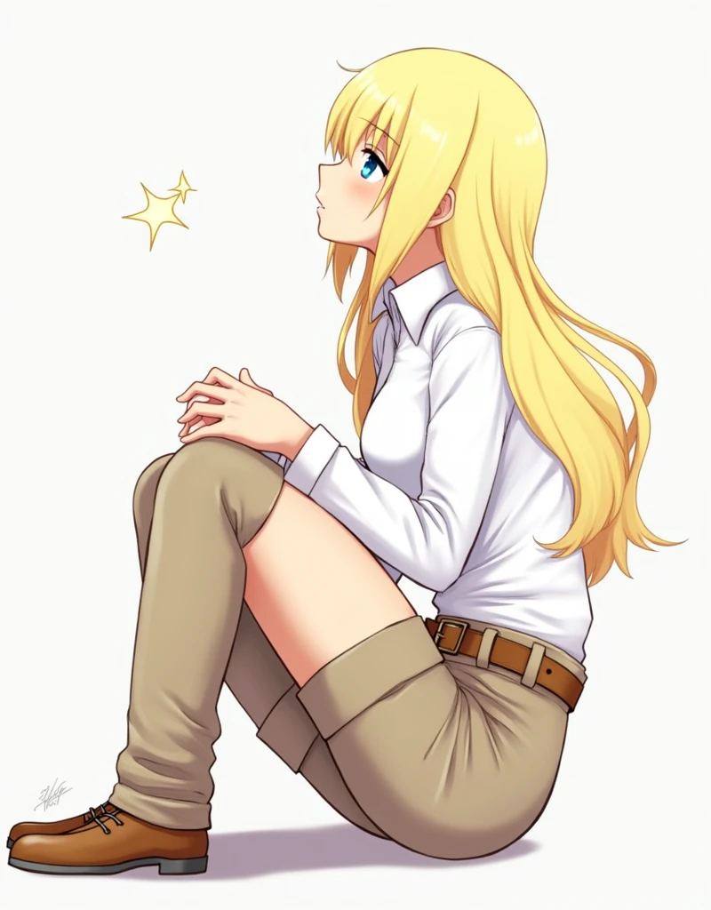 aot style, shingeki no kyojin,, , christa renz,, 1girl, belt, belt buckle, blonde hair, blue eyes, brown footwear, brown pants, buckle, chest belt, collared shirt, diamond (shape), floating hair, from side, full body, grey background, hair between eyes, hands on own thighs, long hair, long sleeves, looking ahead, own hands together, pants, parted lips, shirt, shoes, sitting, solo, sparkle, star (symbol), thigh strap, white shirt, , , ((masterpiece)), best quality, , 