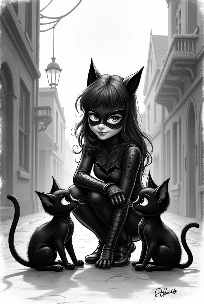 black and white drawing, two black kittens looking at a girl dressed as a catwoman