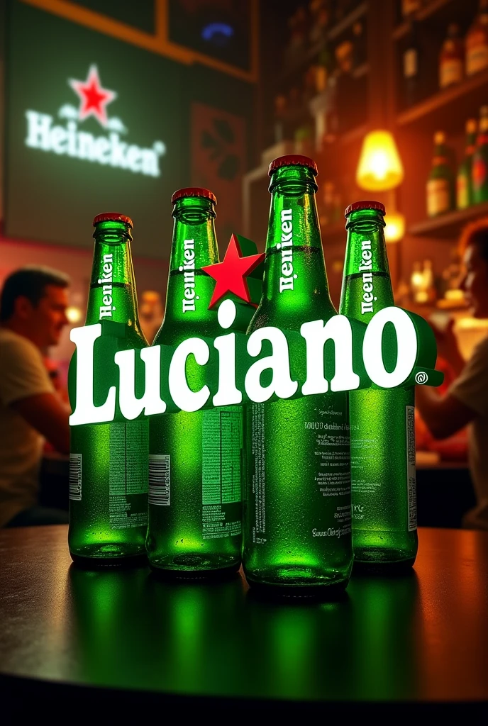 Create a logo with the name Luciano with Heineken beers around it