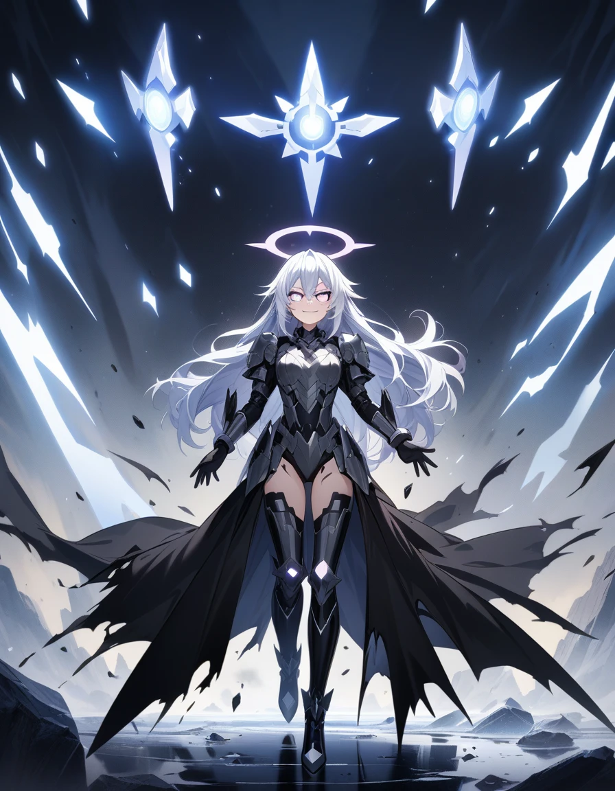 black high boots, bracelets, full body, solo, ((masterpiece)), (best quality), (ultra-detailed), anime style, (best illustration), ((an extremely delicate and beautiful)), 1girl, solo, long hair, white hair, wearing glasses, evil smirk, evildoer, grey metallic armor, Matte Metal Color, lilac eyes, glowing eyes, glowing elements on armor, cybernetic armor, Halo behind, Hyperdimension Neptunia, demonic armor style, sadistic smirk, Lab coat, torn black gloves, torn clothes, armor covered with ice.