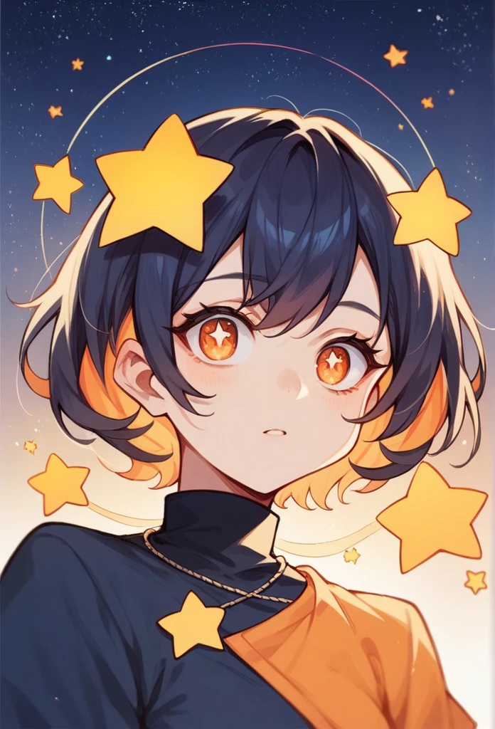 An anime woman with stars for pupils, orange eyes and hair,