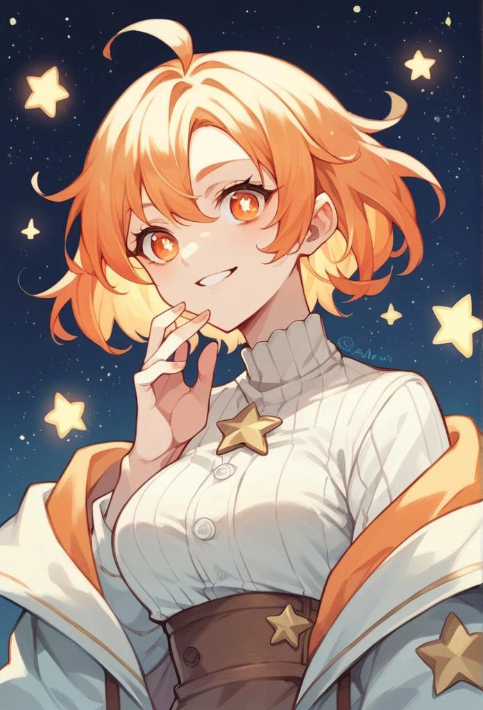 An anime woman with stars for pupils, orange eyes and hair,