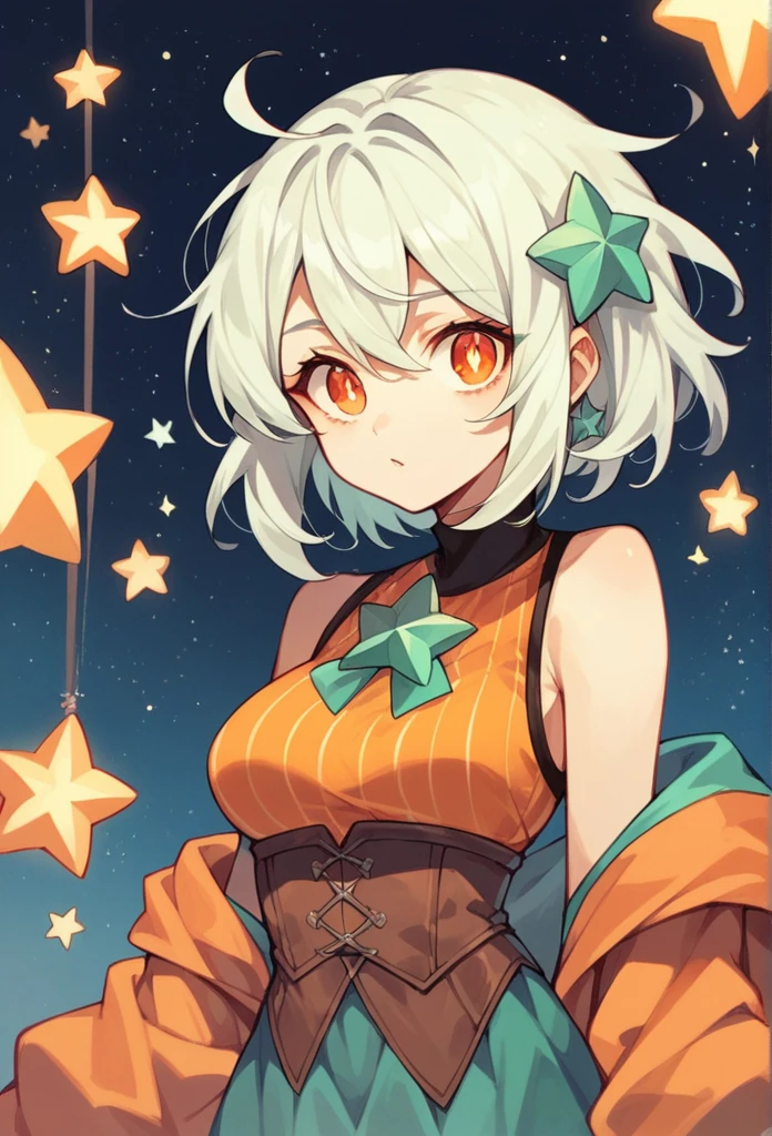 An anime woman with stars for pupils, orange eyes and hair,