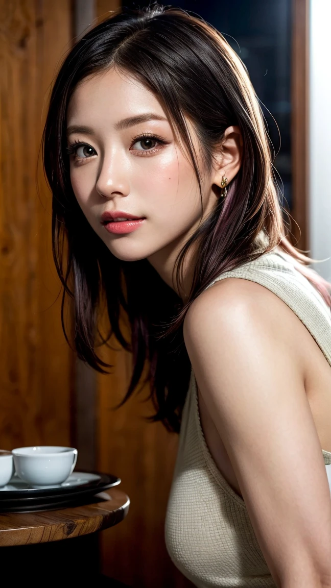 Highest quality, Tabletop, Ultra-high resolution, (Realistic:1.4), (Japanese Idols),RAW Photos, one person&#39;s, night,Detailed skin,Blurred cityscape of South Korea,,Blonde, (Pink inner hair:1.3),Glossy Lips,smile,(Model pose:1.2),21 years old,Beautiful and beautiful eyes,Diamond jewellery,Earrings,Gold Jewelry,Cold Light,Tight black knitwear,,(Strengthened upper arms:1.2),A well-trained body,Pixie Hair