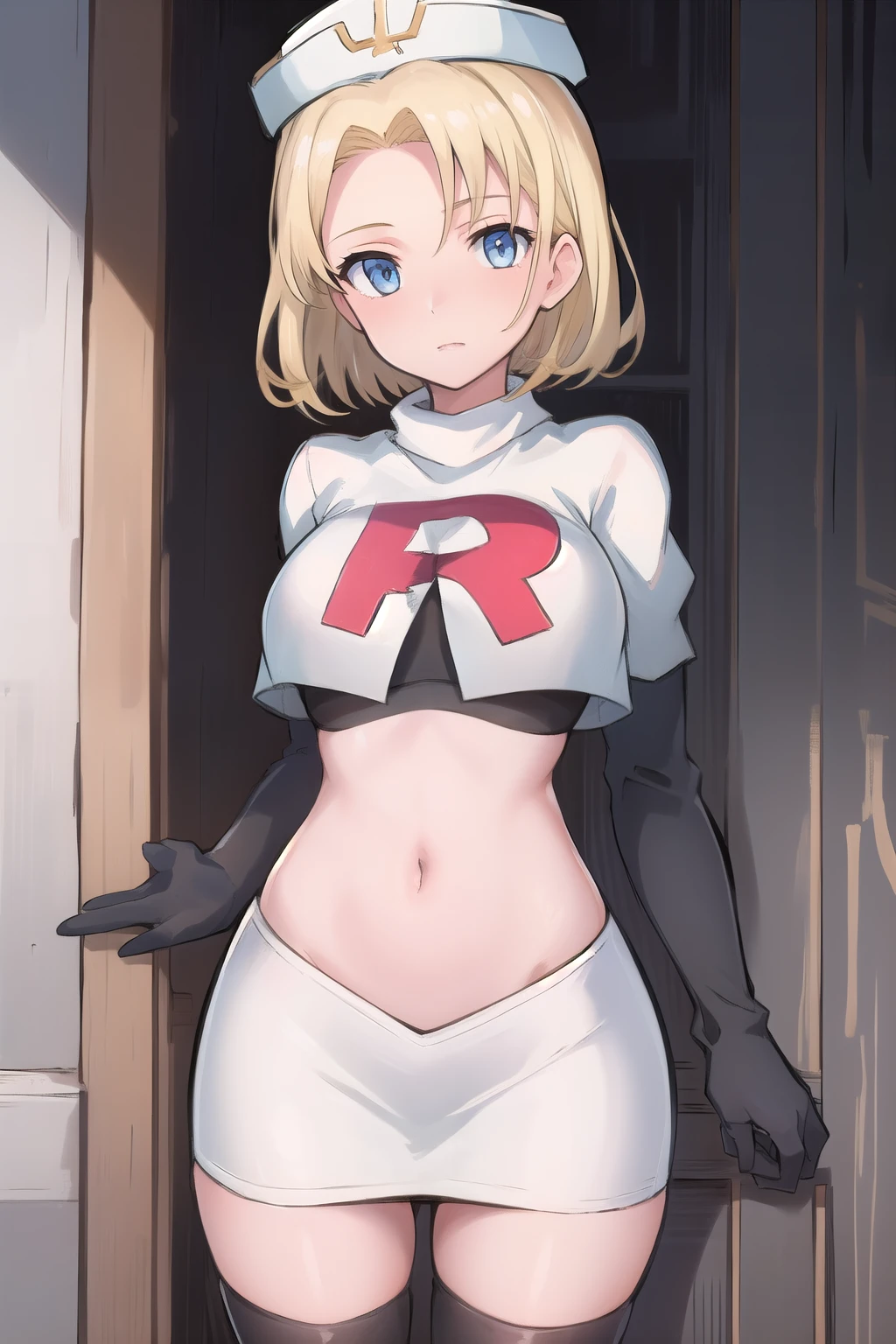 best quality, (masterpiece:1.2), illustration, absurdres, (1girl, solo, beautiful detailed girl),
 Theresia Caroline, short hair, blonde hair, blue eyes, medium breasts,
garrison cap, team rocket,team rocket uniform,white skirt,red letter R,crop top,black thigh-highs,black elbow gloves,
looking at viewer,