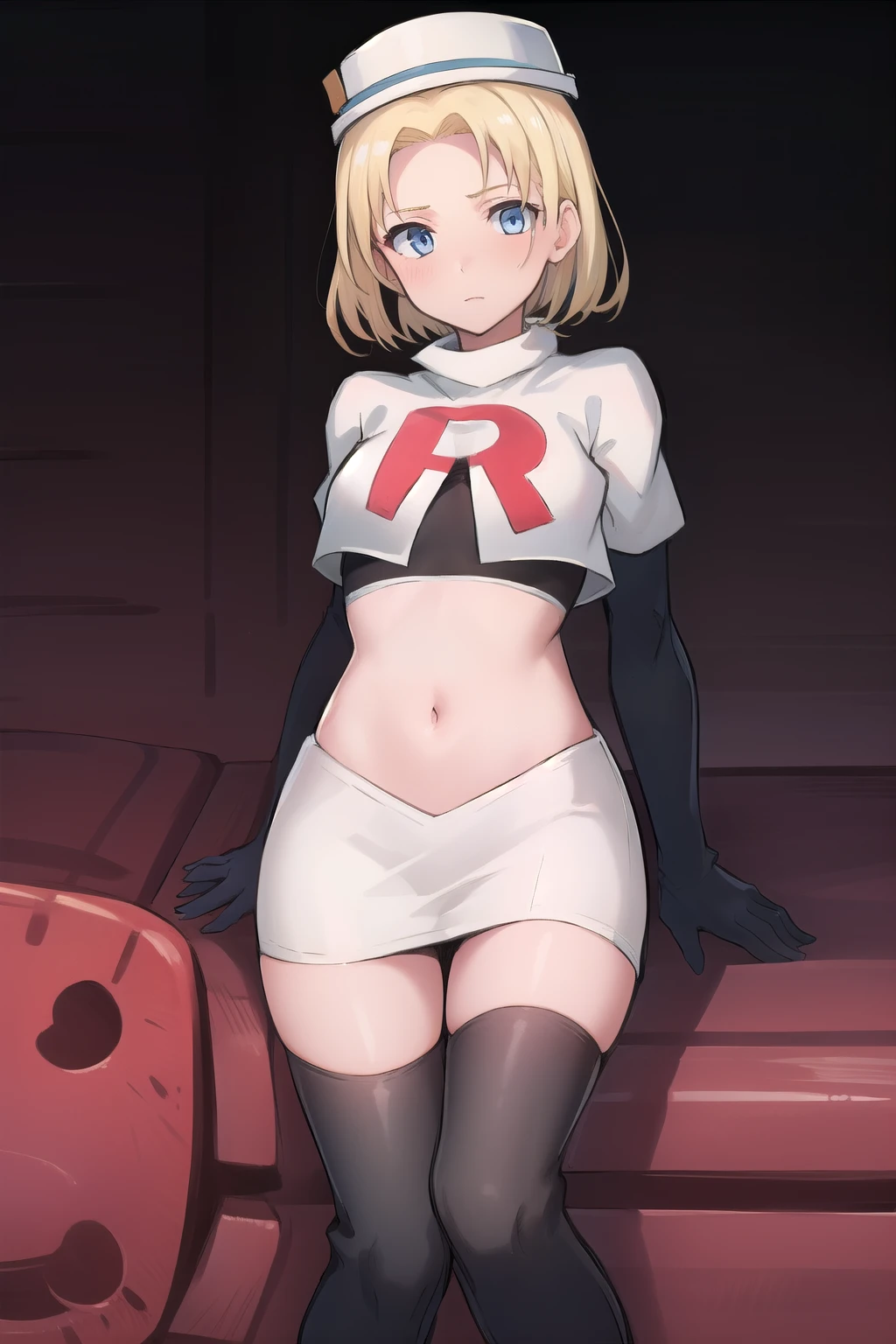 best quality, (masterpiece:1.2), illustration, absurdres, (1girl, solo, beautiful detailed girl),
 Theresia Caroline, short hair, blonde hair, blue eyes, medium breasts,
garrison cap, team rocket,team rocket uniform,white skirt,red letter R,crop top,black thigh-highs,black elbow gloves,
looking at viewer,