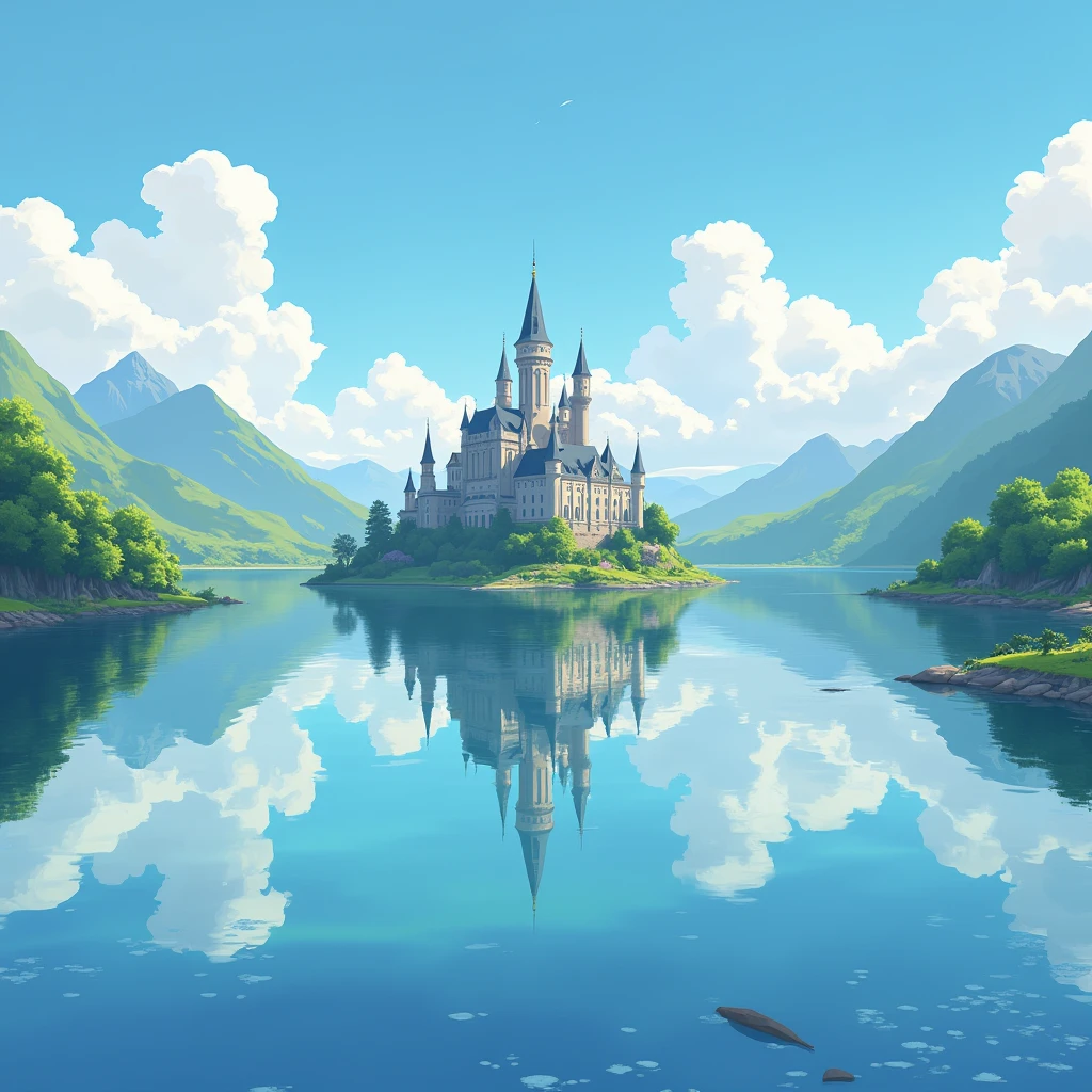 The sky and lake are vertically flipped。A castle floating in the center。