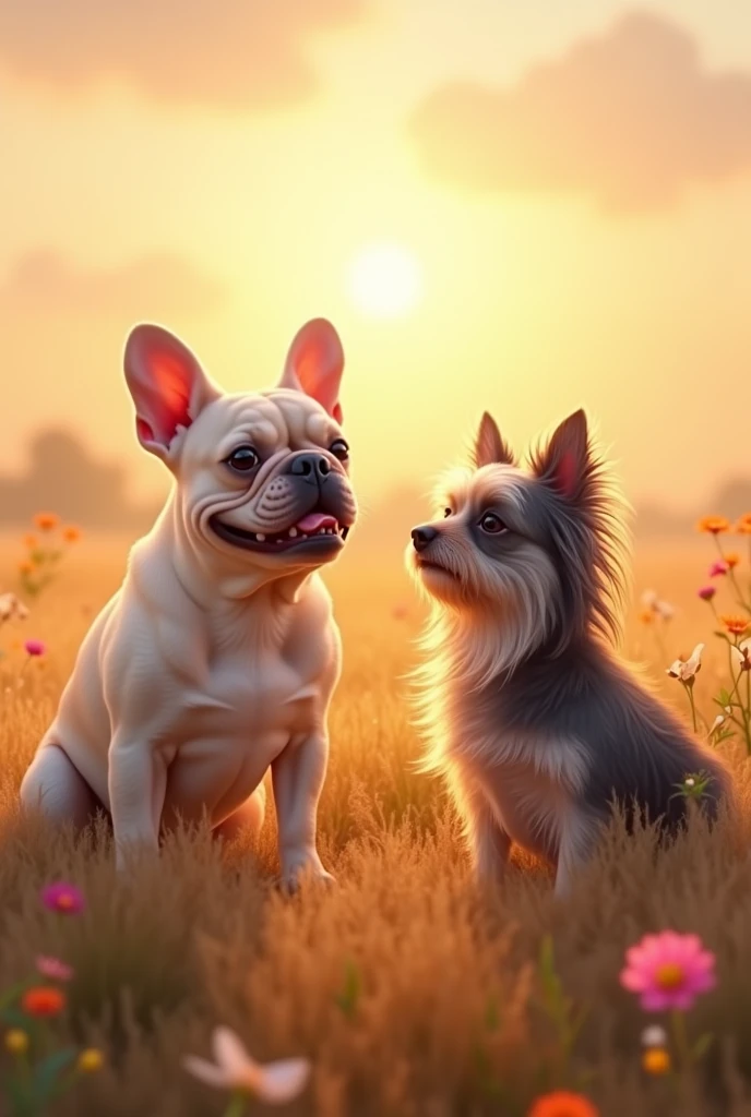 Could you illustrate it in an image?, A French Bulldog arriving in heaven which would be a field with flowers and a sunset.
He will be welcomed by a lhasa, She is a little smaller than him, slim, dark gray pulling towards black with some white hairs of old age, She will be looking at him. The French Bulldog is cream colored, quite chubby, with pink ears and is smiling and happy
I want the image with soft colors. May he show peace and happiness upon his arrival in heaven.