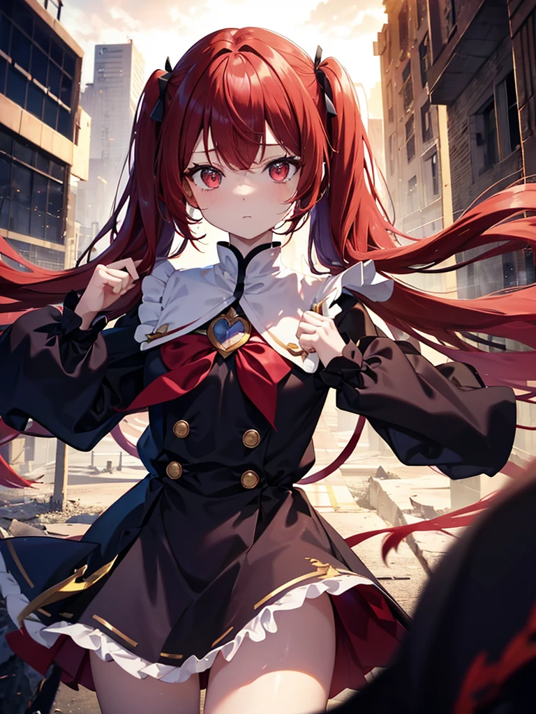 One person, Long Hair, bangs, Patsun,重めbangs,Twin tails,
The chest is a little,Red Hair,Magical girl,Ruined Building Background,Expressionless cool look,Dark Sky,Voluminous frilled clothing,Decoration on hair