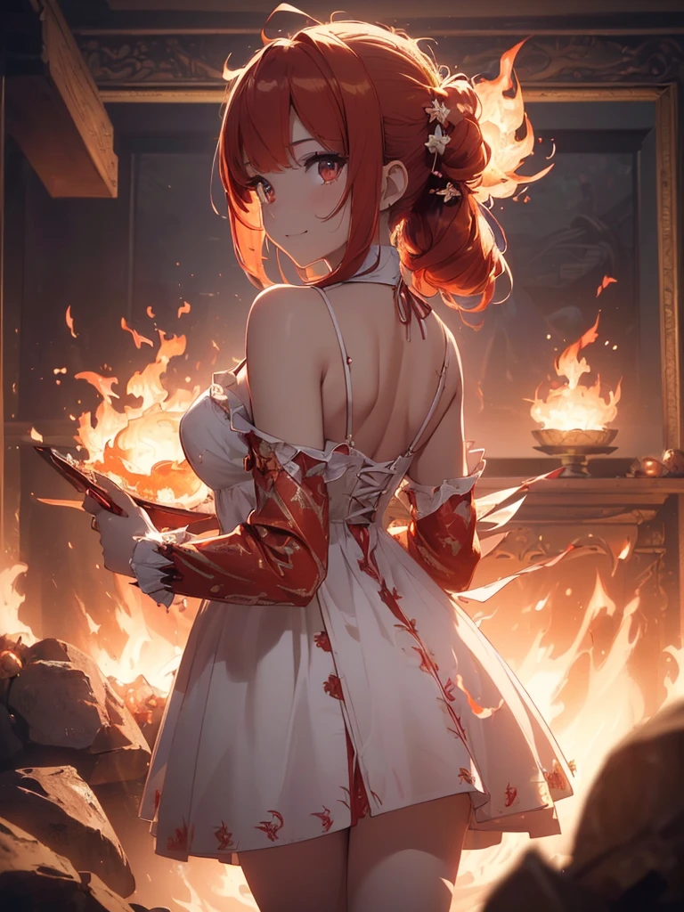 (((best quality, sharp image, clear image, cinematic lighting, 8k resolution, masterpiece, ultra detailed, intricate))) Girl, (((looking over right shoulder))), (shot from behind), ((half shot)), fiery red hair, pigtails, (white dress), ((flaming sigils, flaming runes)), spiky rock formations, (flaming lotus flowers frame), busy background, translucent fire, (swirling flames), smiling