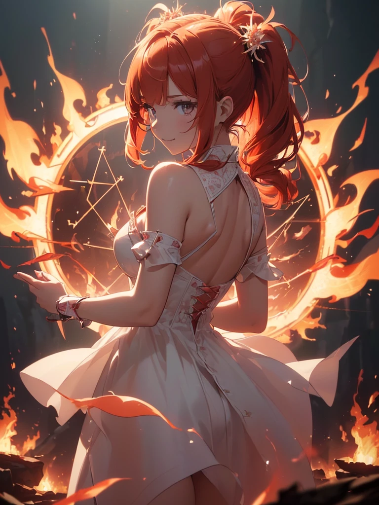 (((best quality, sharp image, clear image, cinematic lighting, 8k resolution, masterpiece, ultra detailed, intricate))) Girl, (((looking over right shoulder))), (shot from behind), ((half shot)), fiery red hair, pigtails, (white dress), ((flaming sigils, flaming runes)), spiky rock formations, (flaming lotus flowers frame), busy background, translucent fire, (swirling flames), smiling