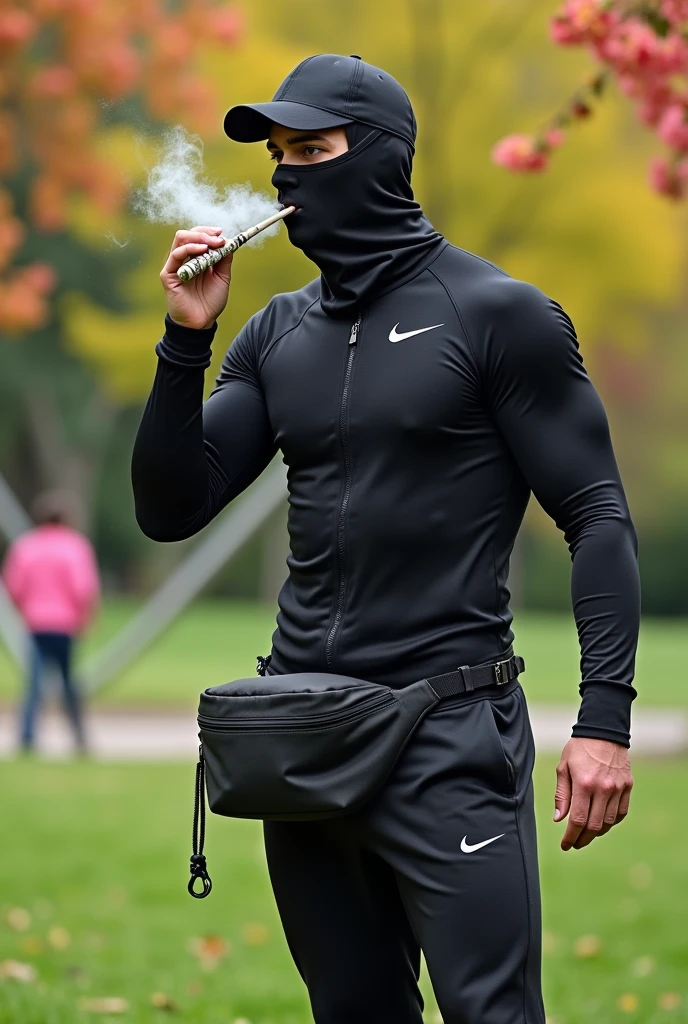 a picture in a park where a dangerous-looking man with a balaclava and a vacuum bag in his hand and a joint in his mouth the man is wearing a Nike tracksuit, and a fanny pack he wears a deep cap in the Family Guy style