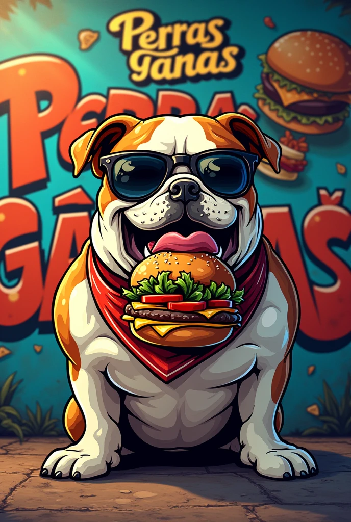 Logo for a restaurant called Perras Ganas
Include a dog eating a hamburger in a sexy, daring style