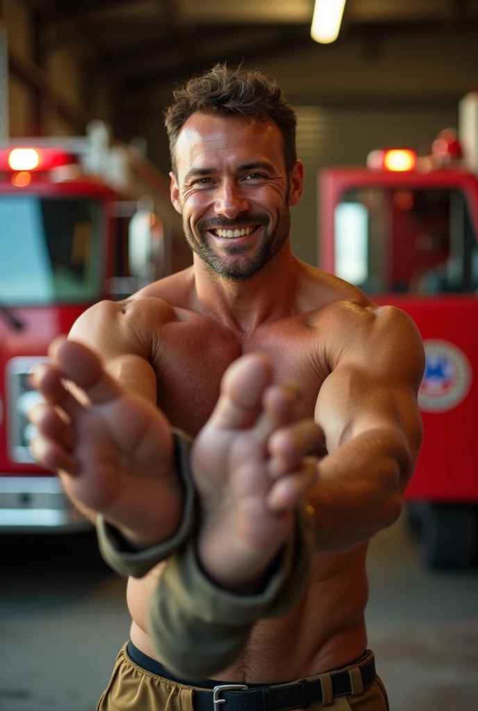 a casual after work photo of a manly masculine fireman proudly showing off his big manly perfect sweaty feet to the camera