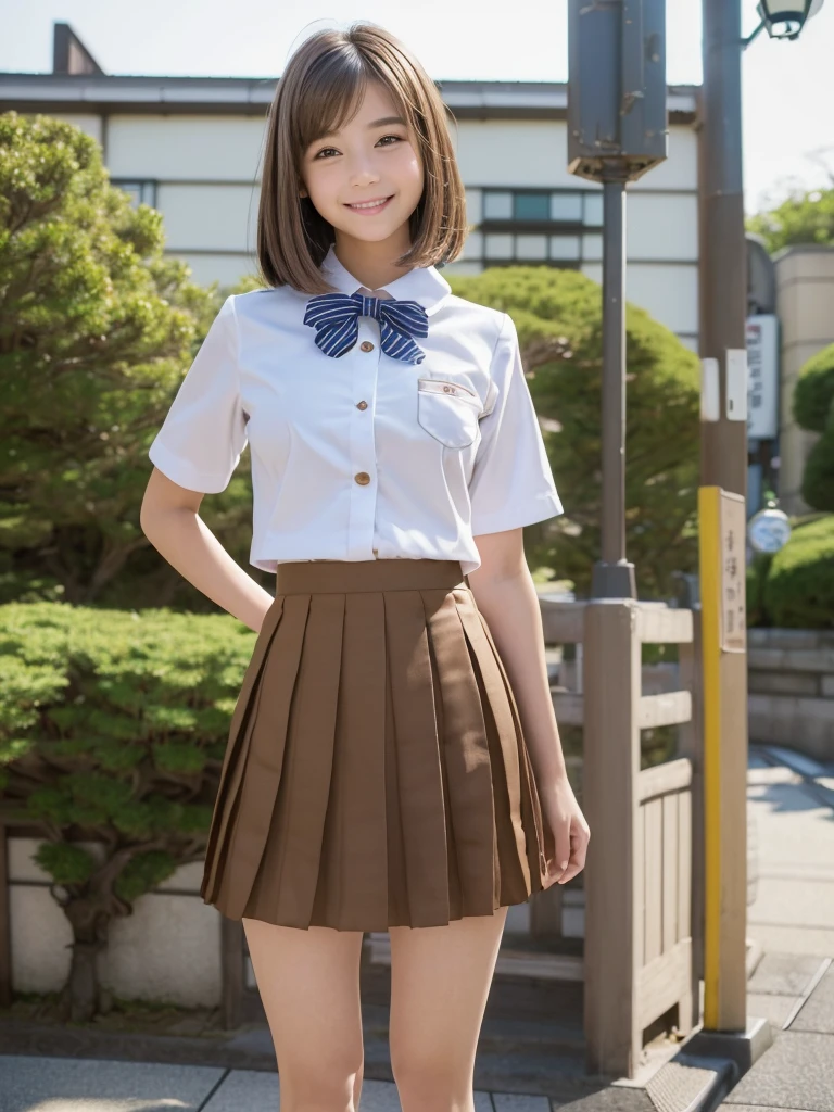 (8k,Highest quality,masterpiece: 1.2),(Realistic, Realistic: 1.37),Very detailed,One person,beauty,cute,,smile, One personで,(Nose redness),(smile: 1.15),Beautiful Eyes,Big eyes,Brown eyes,(Brown Long Bob Hair: 1.5),Floating Hair NovaFrog Style,whole body,(Huge breasts:1.0),(((cute Japan Beautiful Girl))),(Beautiful attention to detail), (Highest quality), (Very detailedな), (masterpiece), (school uniform:1.4),(Micro Pleated Mini Skirt:1.4),(Body like a model),(Long legs)