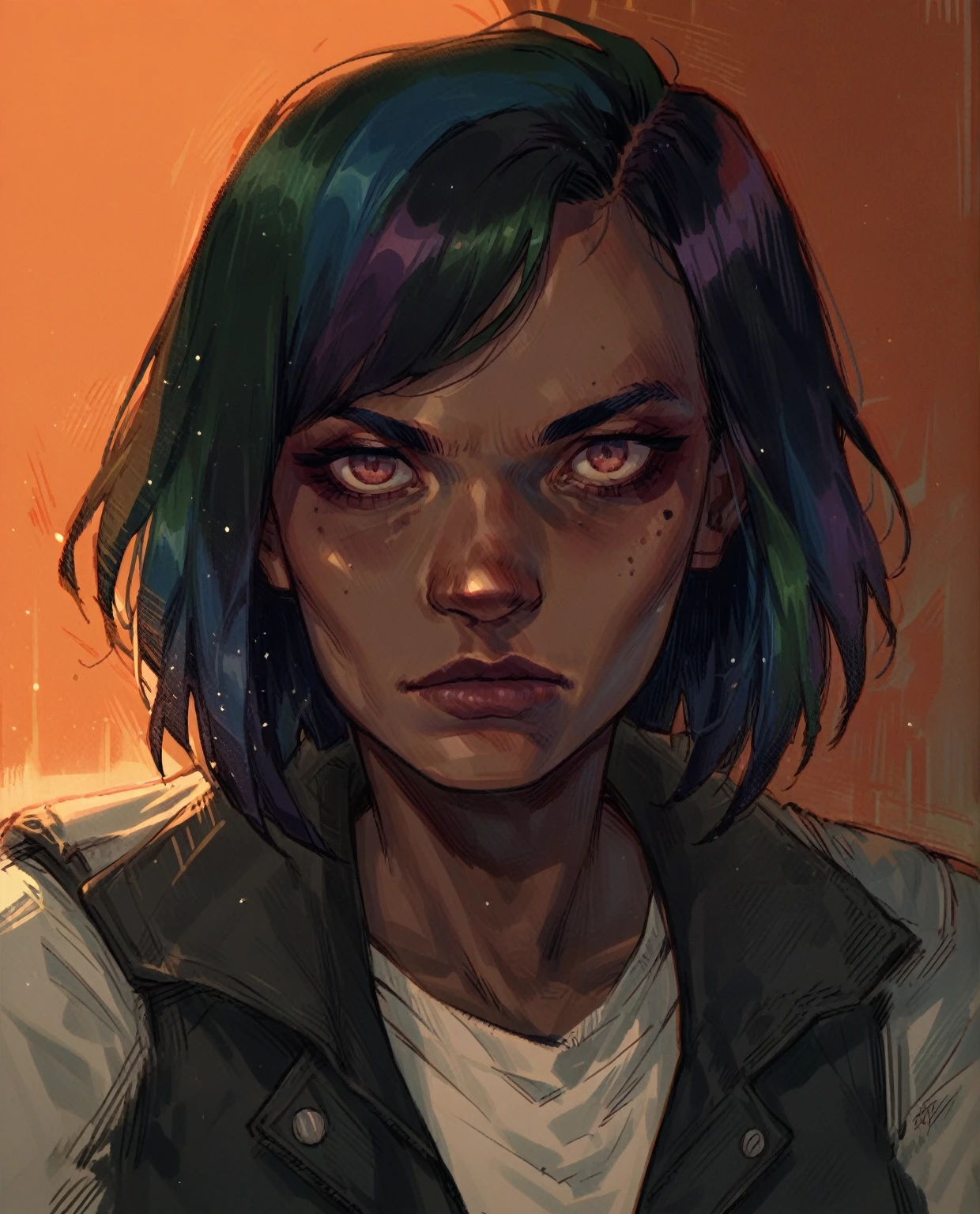 score_9, score_8_up, score_7_up, score_6_up, score_5_up, score_4_up, T0n1, 1girl, colorful, short hair, dark makeup