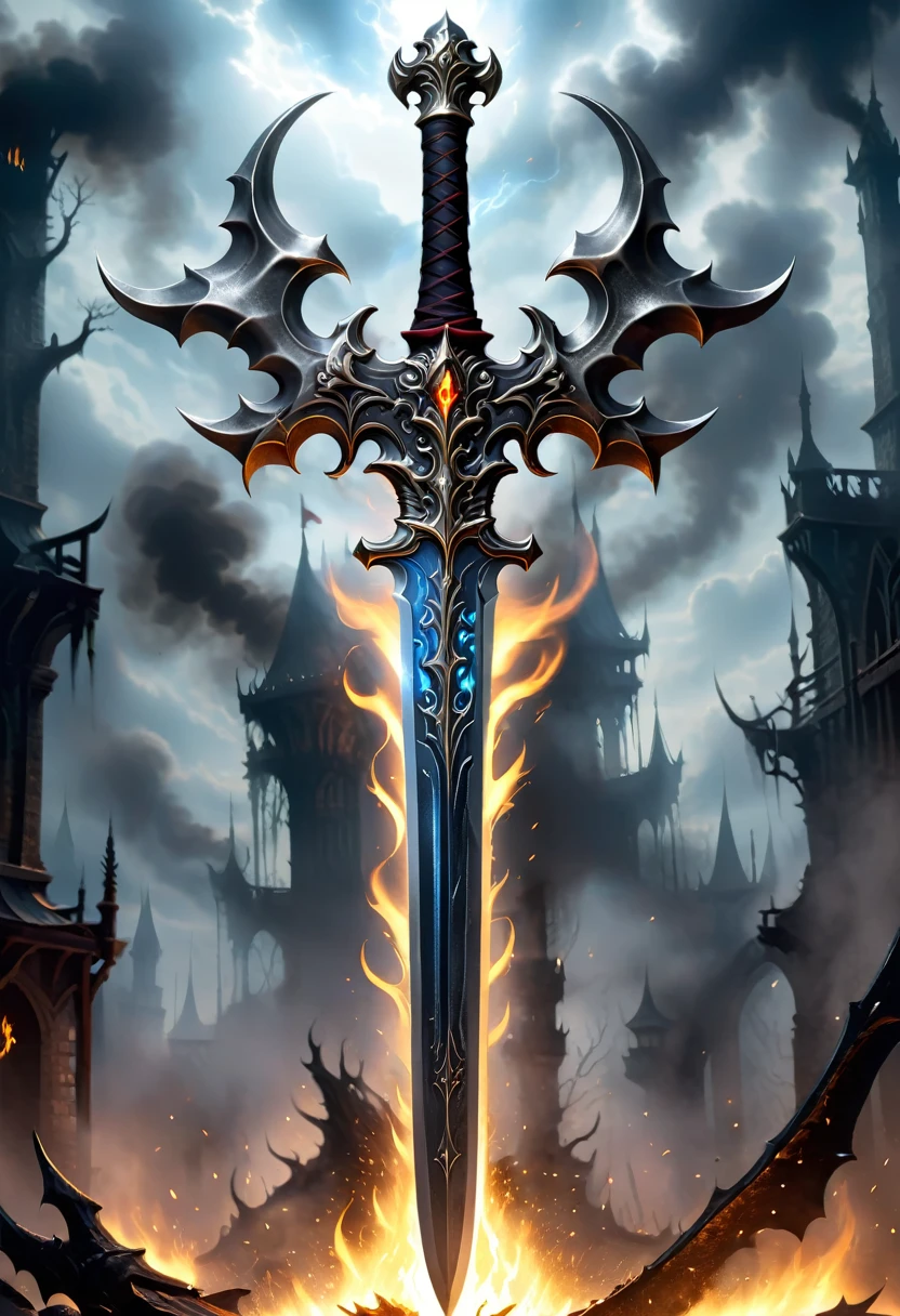 Iron alloy branches.，thick smoke of alloy surrounds the magic sword.,the sword is demonic，heavy metal style，metal art，iron-made sword，iron sheet，Total metallic sheen，The texture of metal in the post-industrial era, big two-handed.