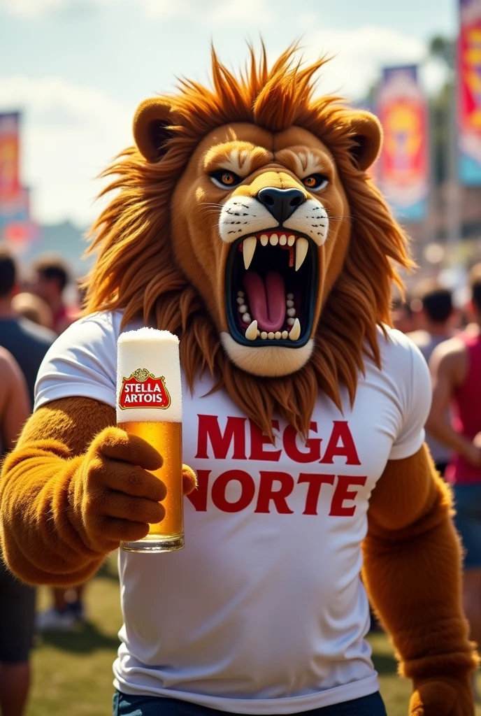 Create PNG of a strong lion with an evil face, white t-shirt with the words MEGA NORTE written on it and holding a green STELLA ARTOIS beer